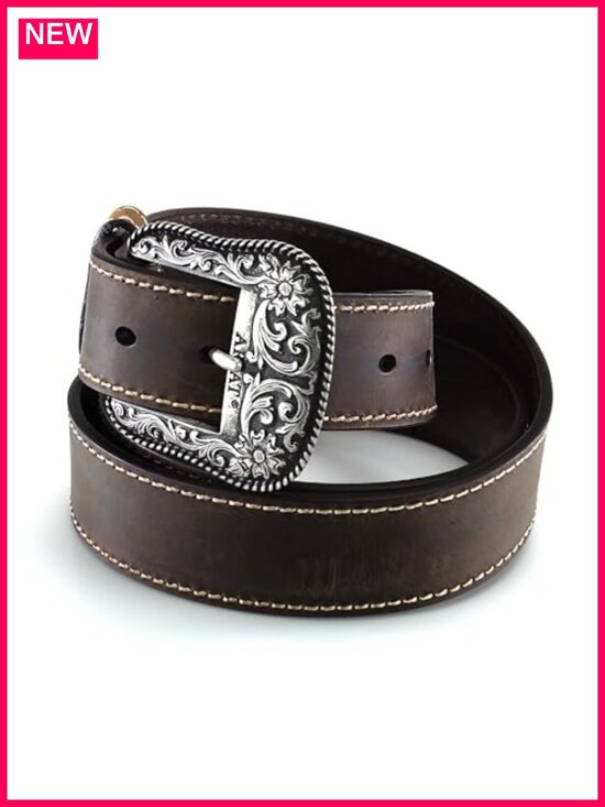 Genuine Leather Western Belt Heavy Stitch Silver-Tone Buckle